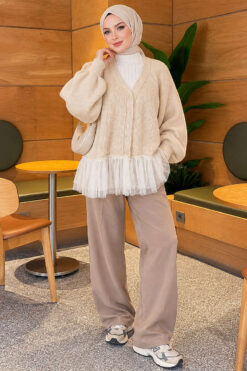 Alternative view of Tulle-hemmed Balloon Sleeve Knit Cardigan Beige