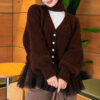 Tulle-hemmed Balloon Sleeve Knit Cardigan Brown