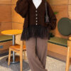 Tulle-hemmed Balloon Sleeve Knit Cardigan Brown - Imagen 2