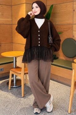 Alternative view of Tulle-hemmed Balloon Sleeve Knit Cardigan Brown