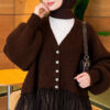 Tulle-hemmed Balloon Sleeve Knit Cardigan Brown - Imagen 4