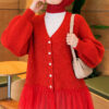 Tulle-hemmed Balloon Sleeve Knit Cardigan Red