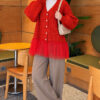Tulle-hemmed Balloon Sleeve Knit Cardigan Red - Imagen 2