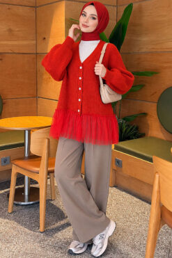 Alternative view of Tulle-hemmed Balloon Sleeve Knit Cardigan Red