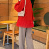 Tulle-hemmed Balloon Sleeve Knit Cardigan Red - Imagen 3