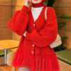 Tulle-hemmed Balloon Sleeve Knit Cardigan Red - Imagen 4
