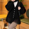 Tulle-hemmed Balloon Sleeve Knit Cardigan Black