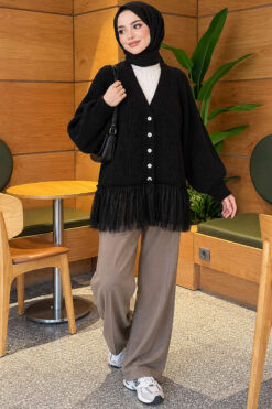 Alternative view of Tulle-hemmed Balloon Sleeve Knit Cardigan Black
