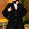 Tulle-hemmed Balloon Sleeve Knit Cardigan Black - Image 4