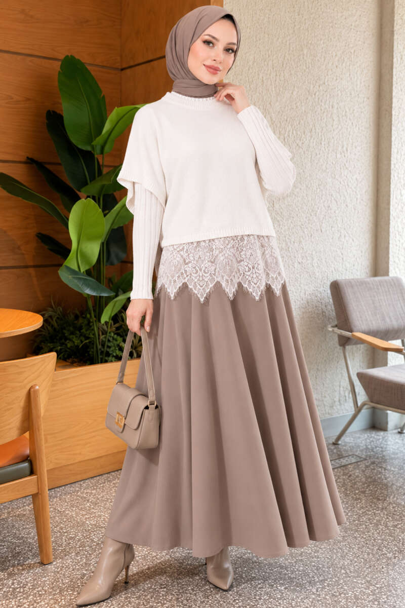 Hem-edged knitted sweater with lace detailing Ecru - الصورة 2