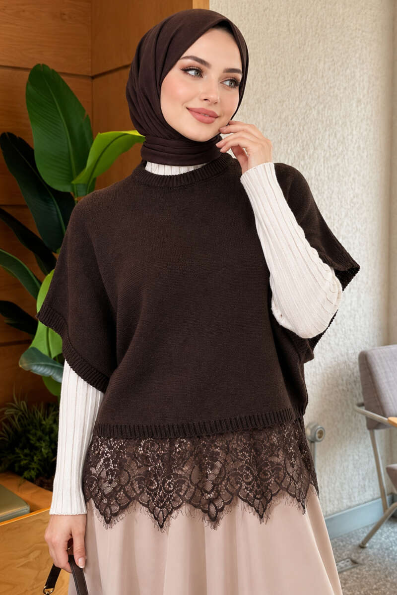 Hem-edged knitted sweater with lace detailing Brown - الصورة 3