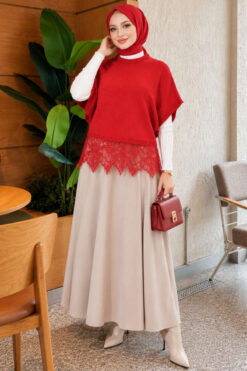 Alternative view of Hem-edged knitted sweater with lace detailing Red