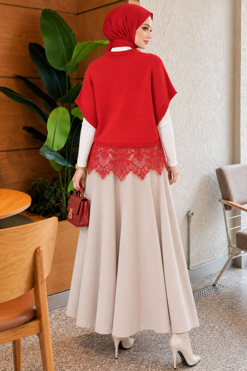 Hem-edged knitted sweater with lace detailing Red - Imagen 4