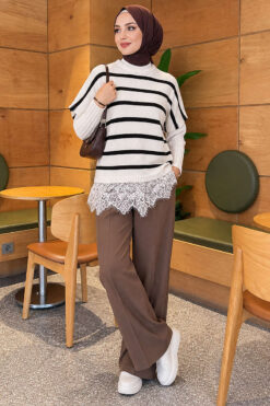 Alternative view of Hem-edged striped French terry knit sweater White