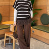 Hem-edged striped French terry knit sweater Brown – Image 2