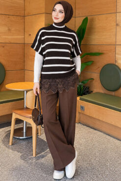 Alternative view of Hem-edged striped French terry knit sweater Brown