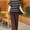 Hem-edged striped French terry knit sweater Brown – Image 4