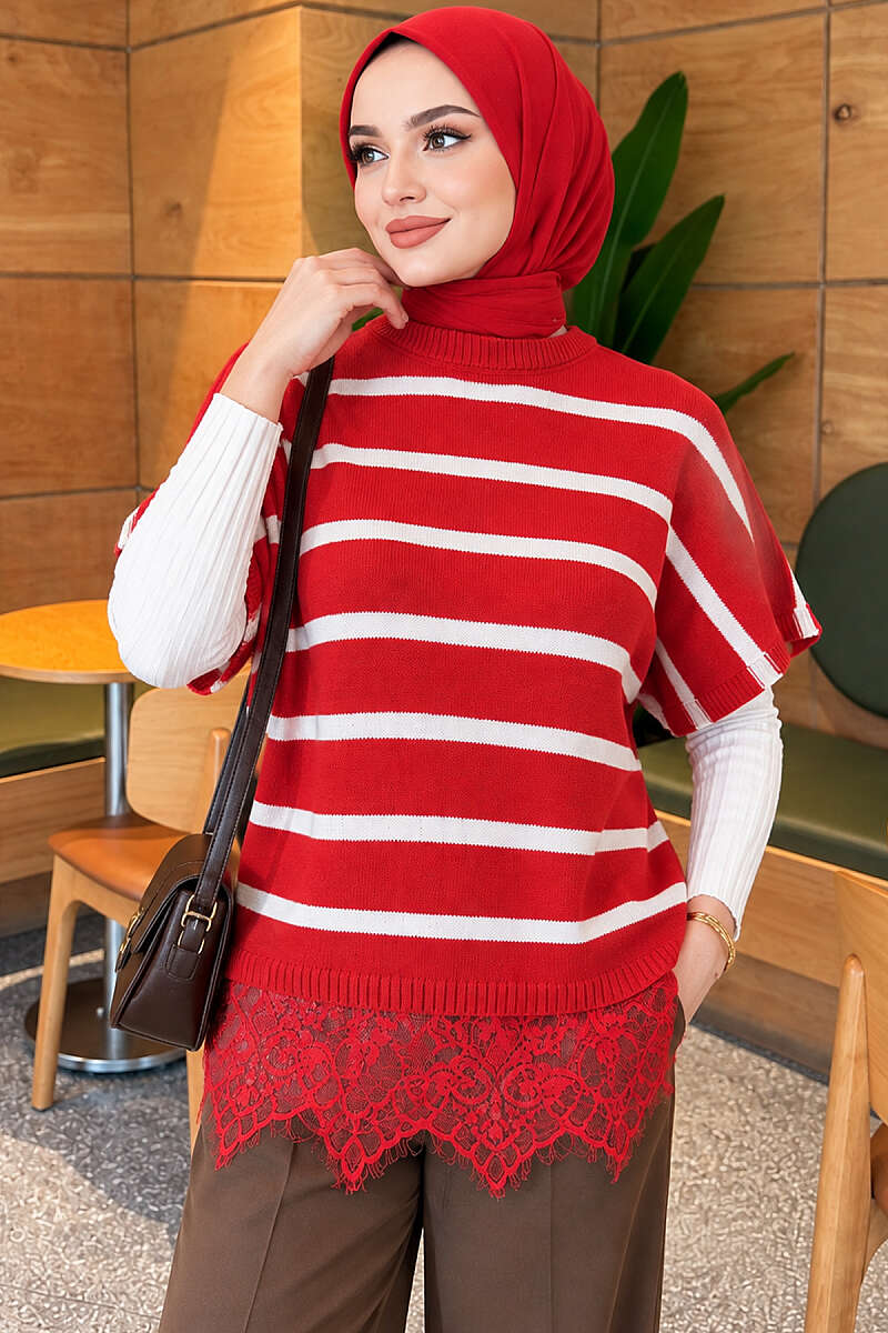 Hem-edged striped French terry knit sweater Red – Bild 3