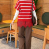 Hem-edged striped French terry knit sweater Red – Bild 4