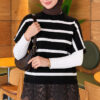 Hem-edged striped French terry knit sweater Black