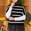 Hem-edged striped French terry knit sweater Black - Afbeelding 3