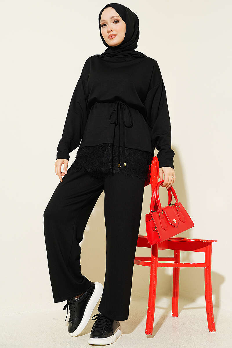 Hooded Low Shoulder Lounge Set Black - Imagen 5