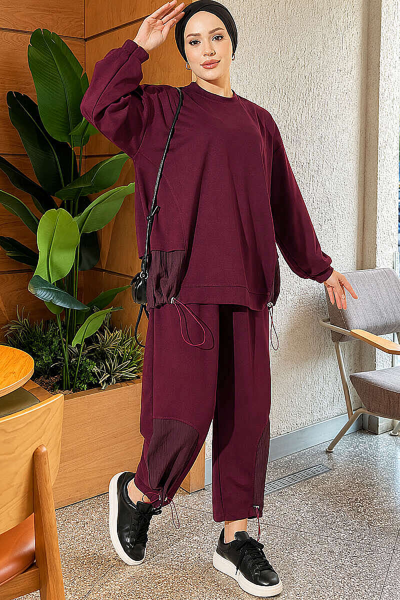 Hemmed edge detail French terry two-piece set Burgundy