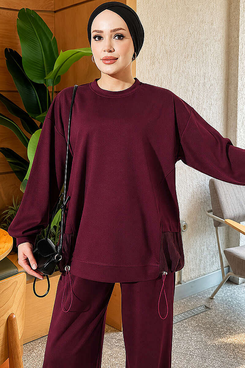 Hemmed edge detail French terry two-piece set Burgundy – Bild 2