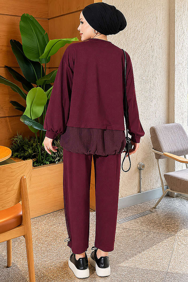 Hemmed edge detail French terry two-piece set Burgundy – Bild 3