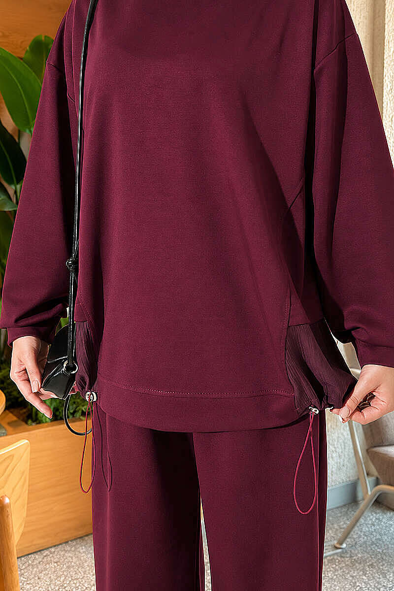 Hemmed edge detail French terry two-piece set Burgundy – Bild 4
