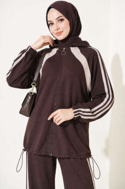 Alternative view of Hemmed Edge Elasticated Stripe Two-Piece Set Dark Brown