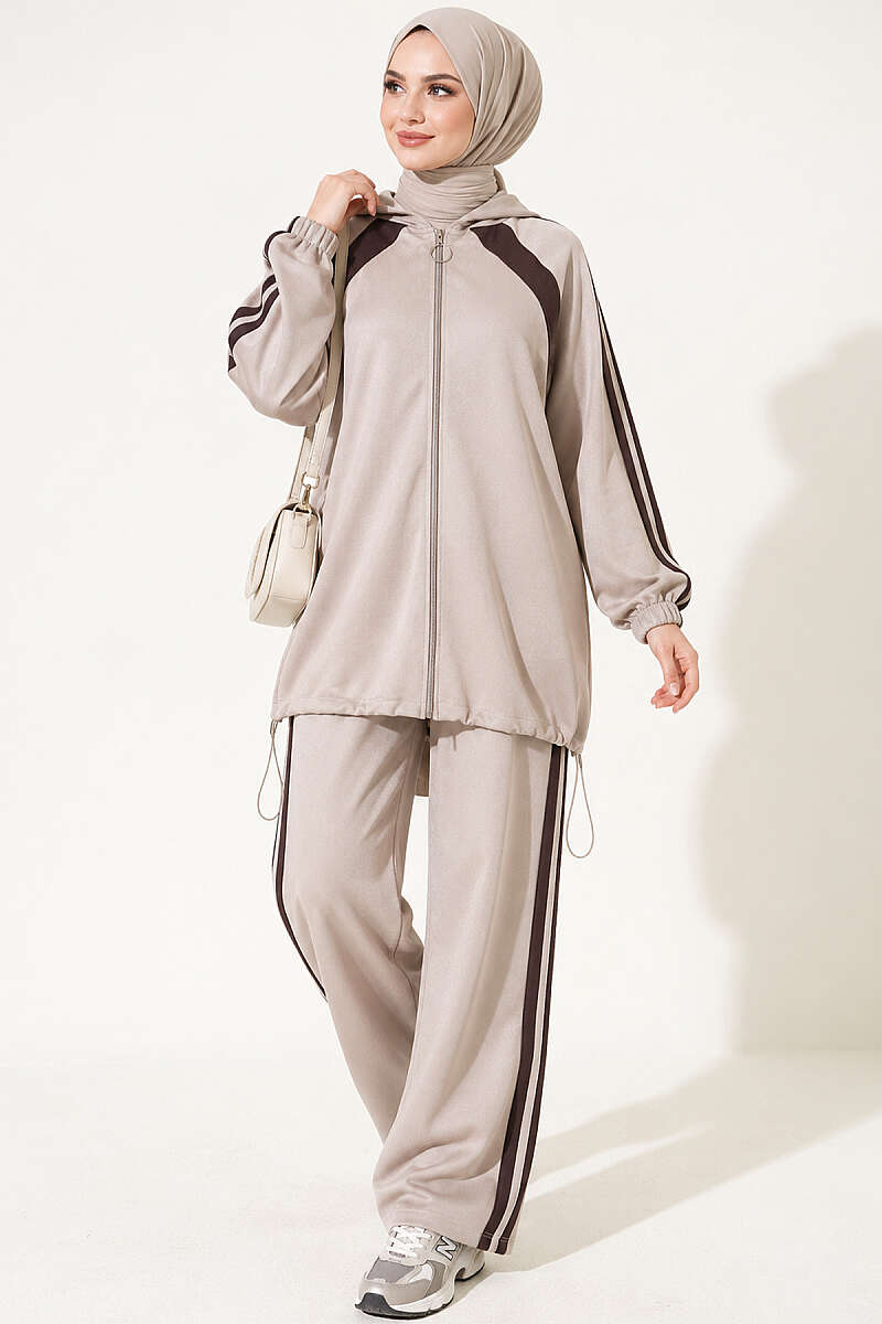 Hemmed Edge Elasticated Stripe Two-Piece Set Beige