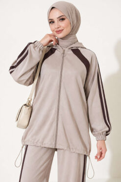 Alternative view of Hemmed Edge Elasticated Stripe Two-Piece Set Beige