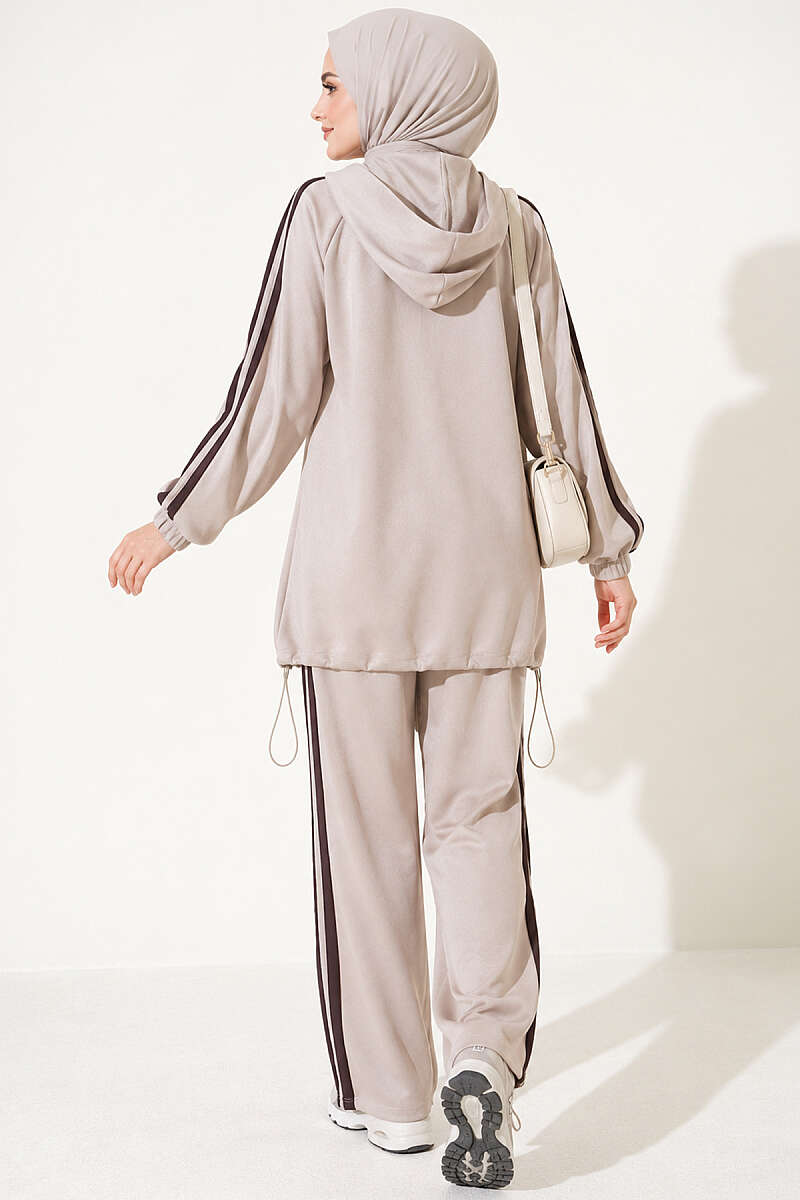 Hemmed Edge Elasticated Stripe Two-Piece Set Beige – Bild 3