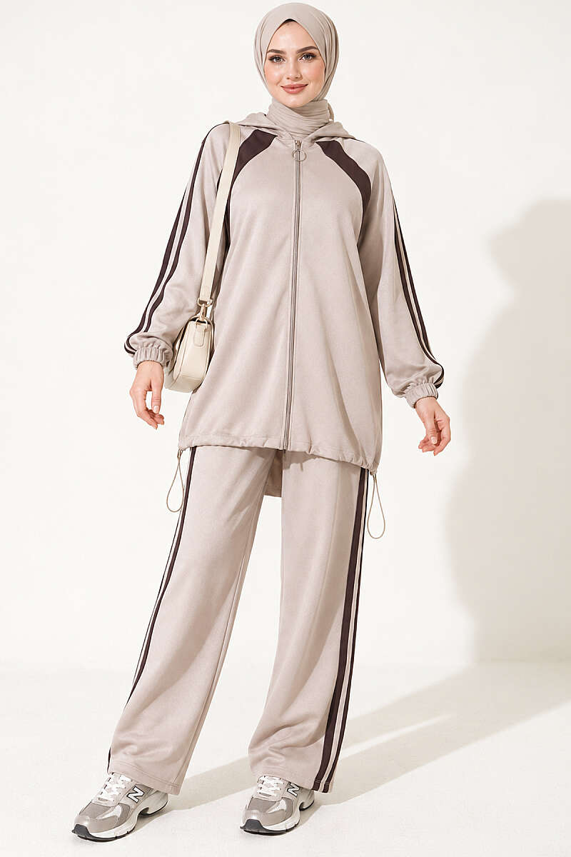 Hemmed Edge Elasticated Stripe Two-Piece Set Beige – Bild 4