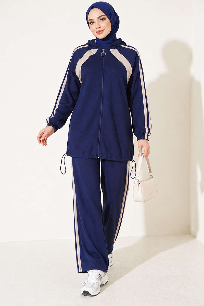 Hemmed Edge Elasticated Stripe Two-Piece Set Navy Blue – Bild 4