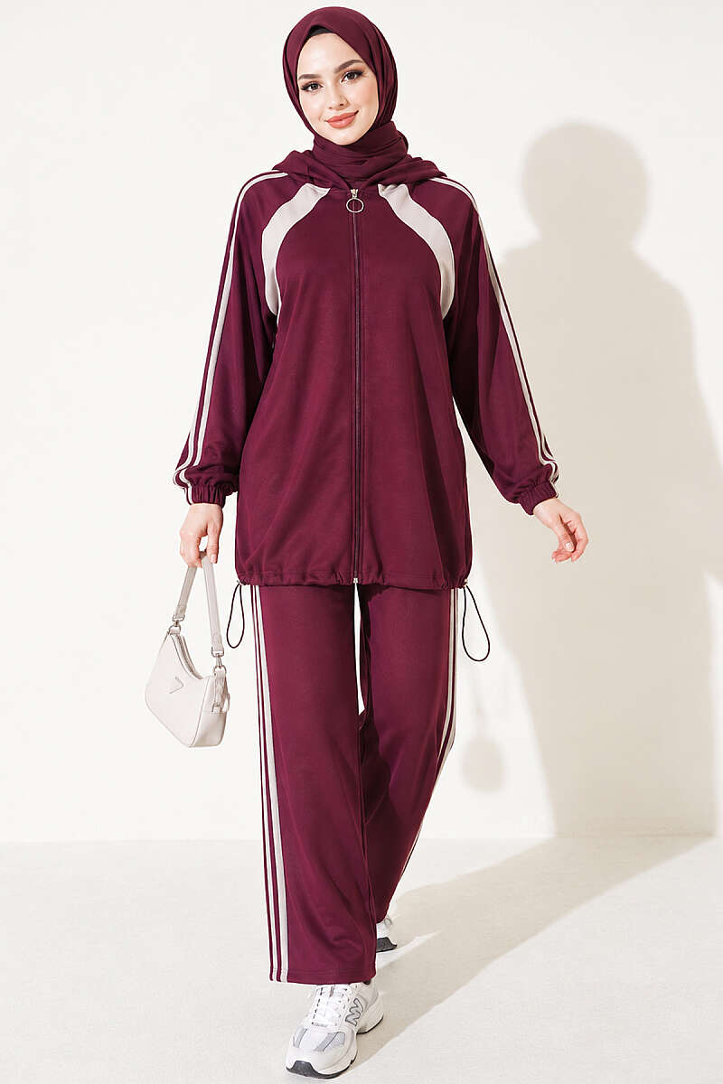 Hemmed Edge Elasticated Stripe Two-Piece Set Plum
