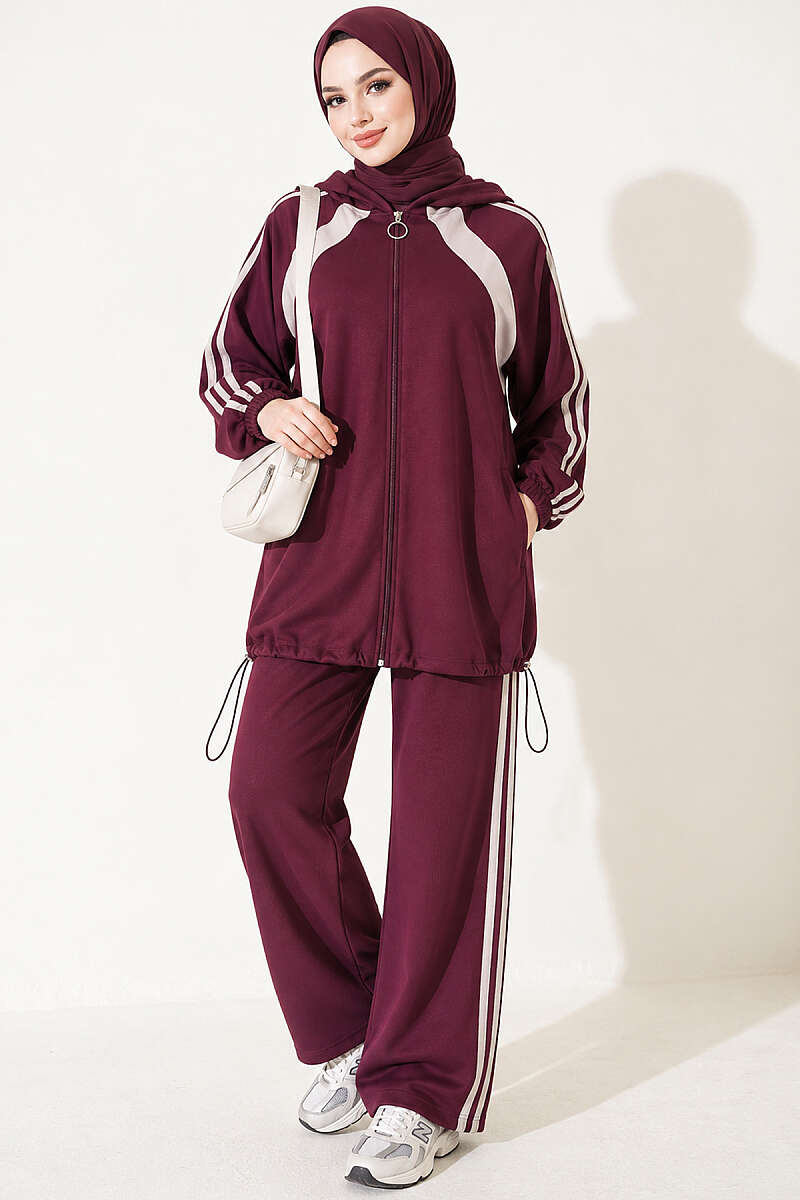 Hemmed Edge Elasticated Stripe Two-Piece Set Plum – Bild 4