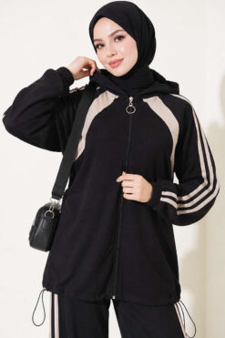 Alternative view of Hemmed Edge Elasticated Stripe Two-Piece Set Black
