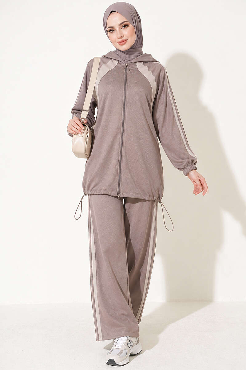 Hemmed Edge Elasticated Stripe Two-Piece Set Mink – Bild 4
