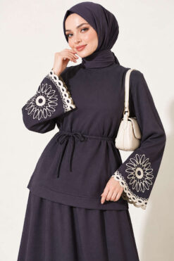 Alternative view of Hem and ankle embroidered two-piece set Smoke