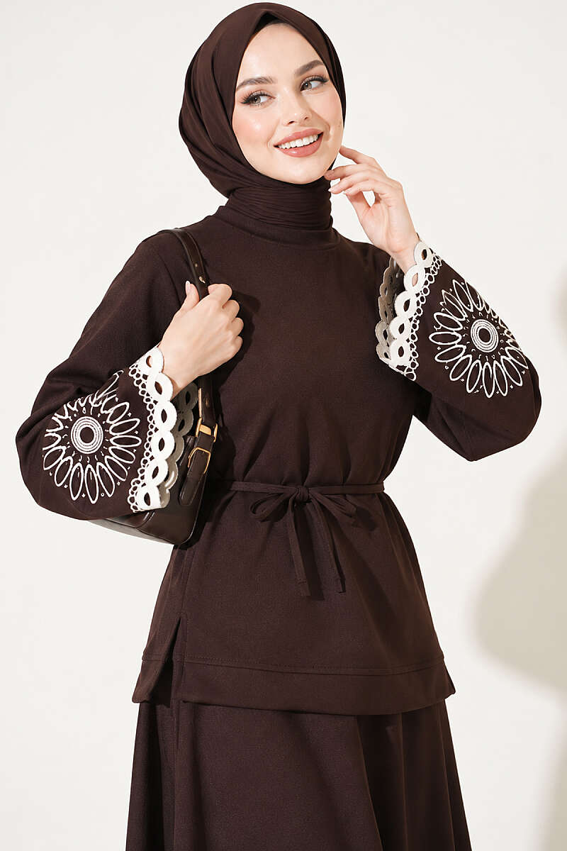 Hem and ankle embroidered two-piece set Brown - Imagen 2