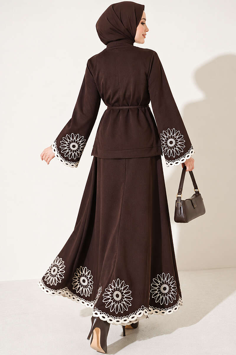 Hem and ankle embroidered two-piece set Brown - Imagen 3