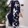 Ethnic Pattern Knit Three-Piece Set with Vest Navy Blue