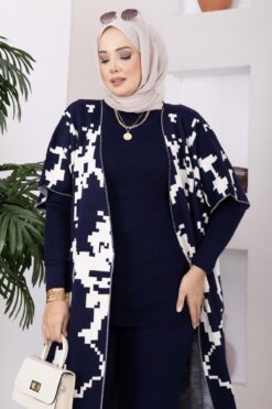 Alternative view of Ethnic Pattern Knit Three-Piece Set with Vest Navy Blue