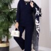 Ethnic Pattern Knit Three-Piece Set with Vest Navy Blue – Image 4