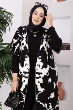 Alternative view of Ethnic Pattern Knit Three-Piece Set with Vest Black