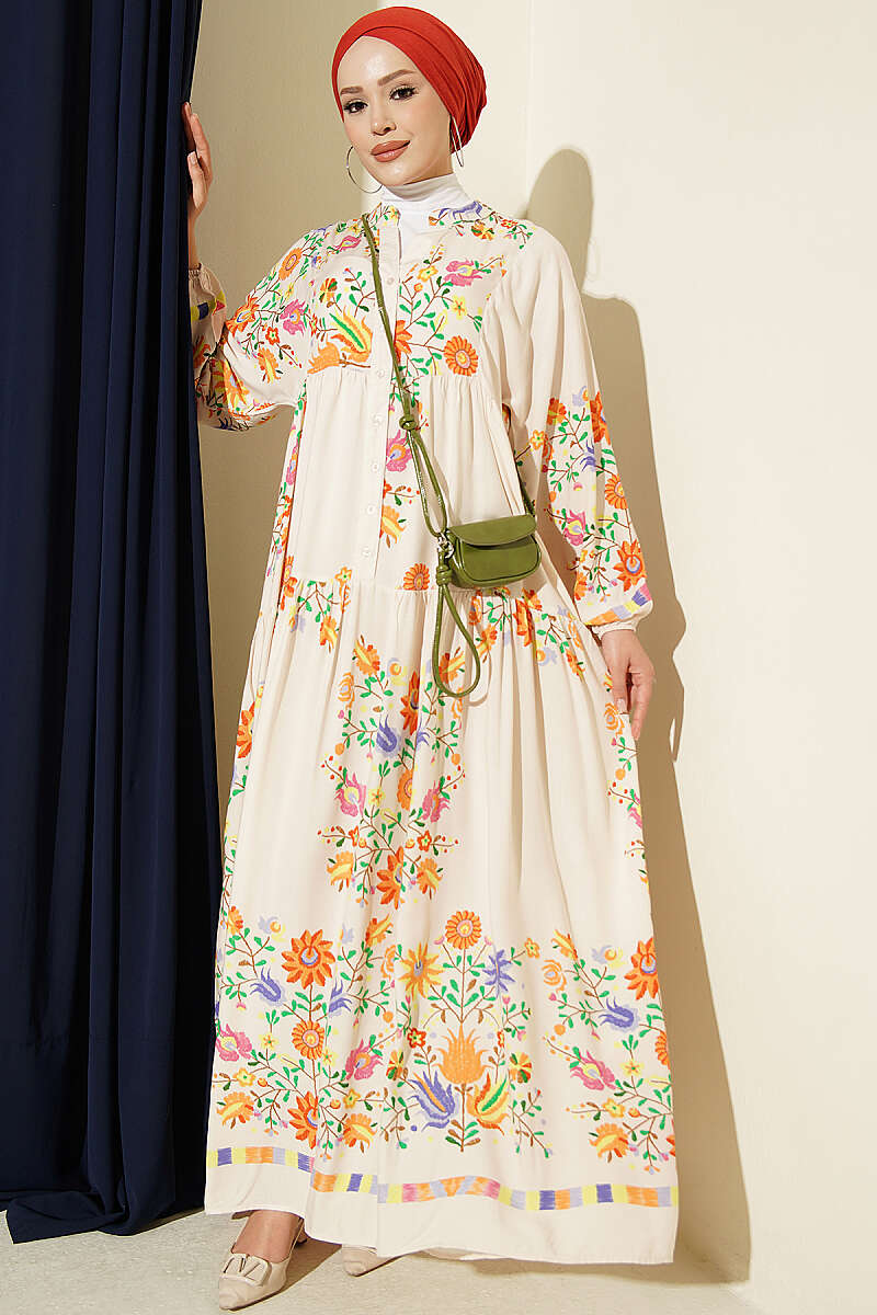 Ethnic Pattern Half-Button Dress Beige