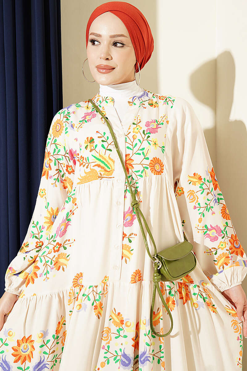Ethnic Pattern Half-Button Dress Beige - Image 2