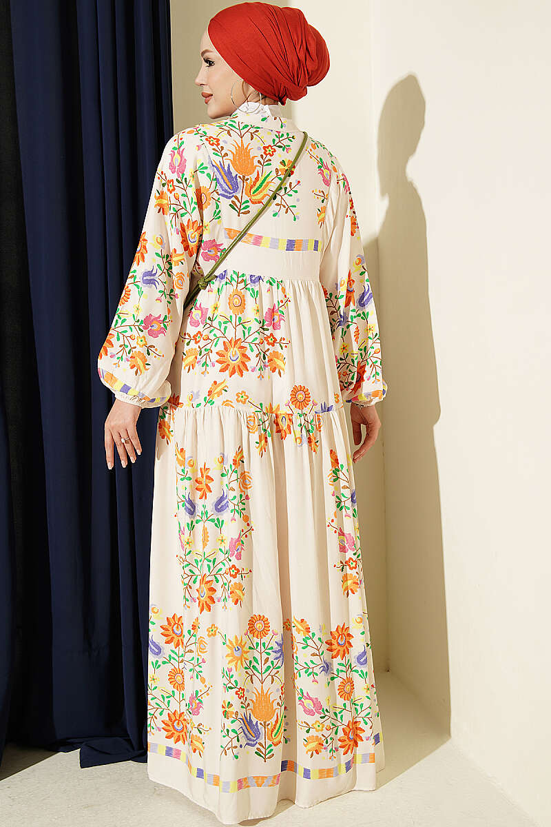 Ethnic Pattern Half-Button Dress Beige - Image 3